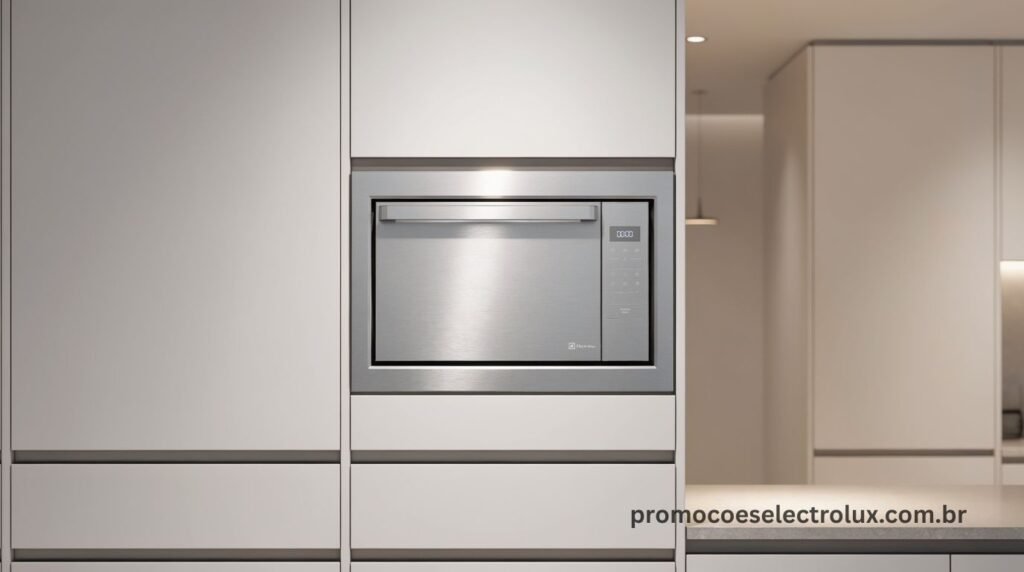 Micro-ondas de Embutir Electrolux ME3HP 34L Inox com Grill instalado em cozinha planejada moderna