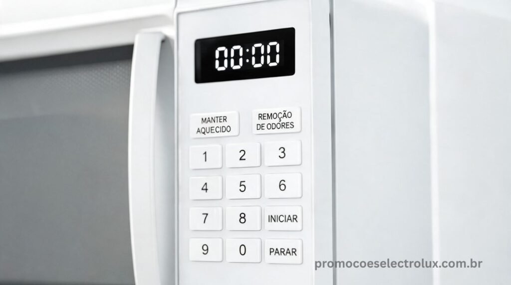 Painel de controle do Micro-ondas Electrolux MEO44 com funções tira odor e manter aquecido