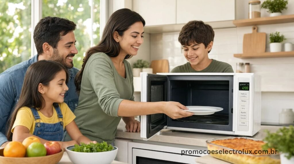 Família utilizando o Micro-ondas Electrolux MEO44 na cozinha para aquecer refeições