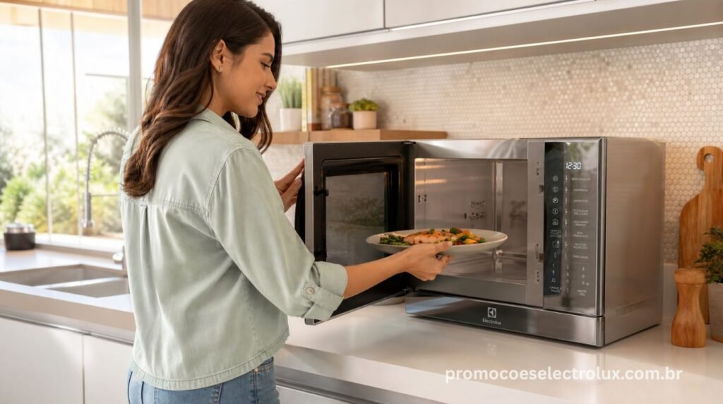 Pessoa utilizando o Micro-ondas Electrolux MI41S na cozinha para aquecer alimentos