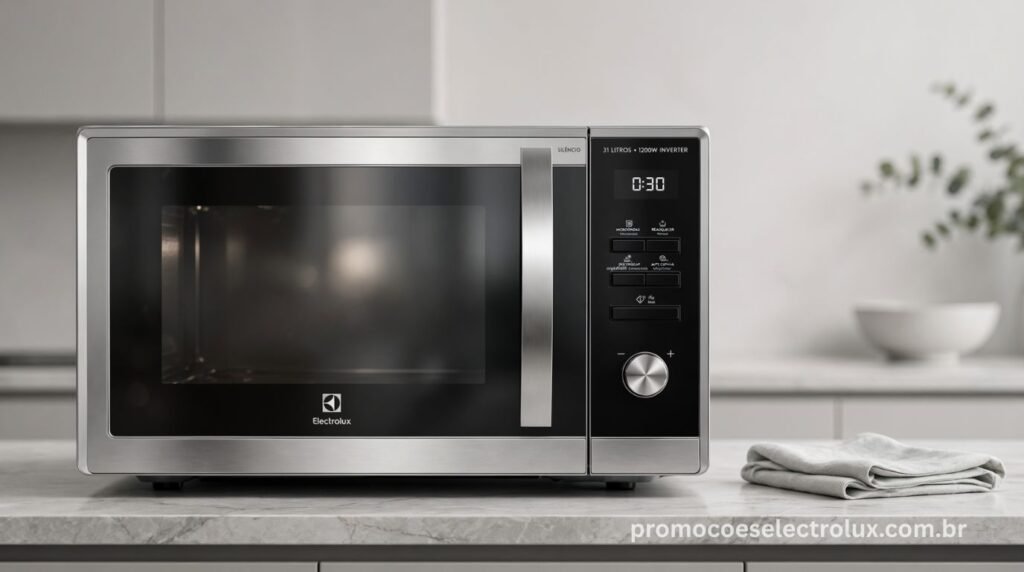 Micro-ondas Electrolux MI41S 31L Inox Espelhado sobre bancada de cozinha moderna