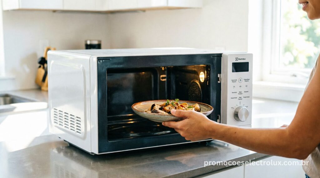 Pessoa utilizando o Micro-ondas Electrolux MI41T na cozinha para aquecer refeições