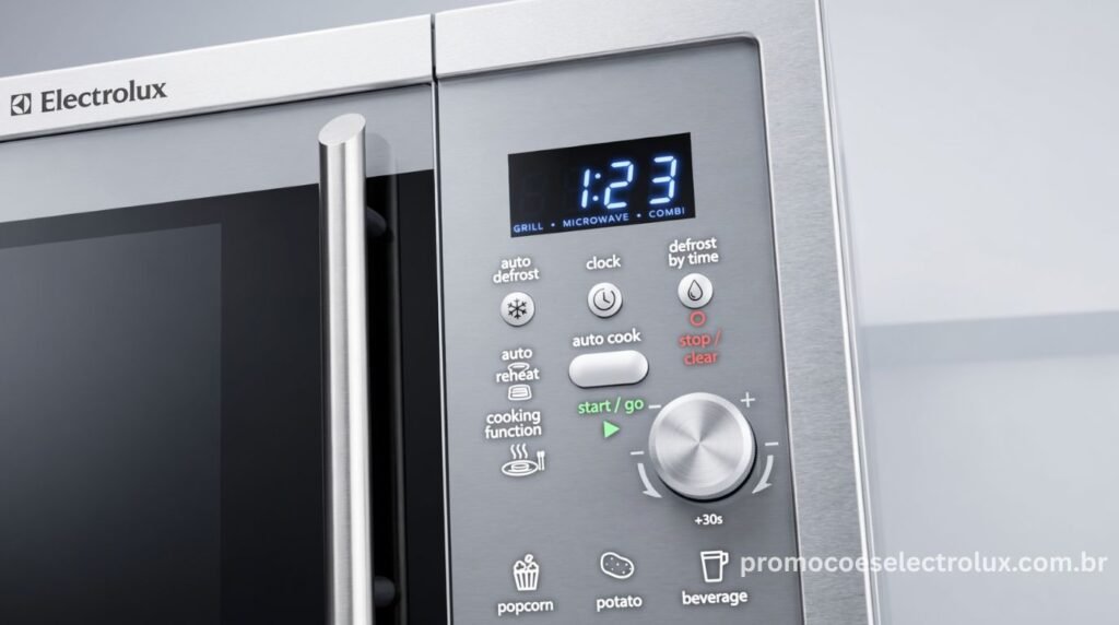 Painel de controle do Micro-ondas Electrolux MT30S Prata com botões e display digital