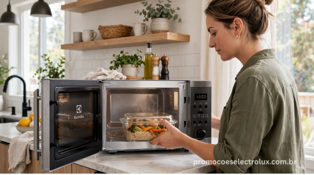 Pessoa utilizando o Micro-ondas Electrolux MT30S Prata em cozinha moderna para aquecer alimentos