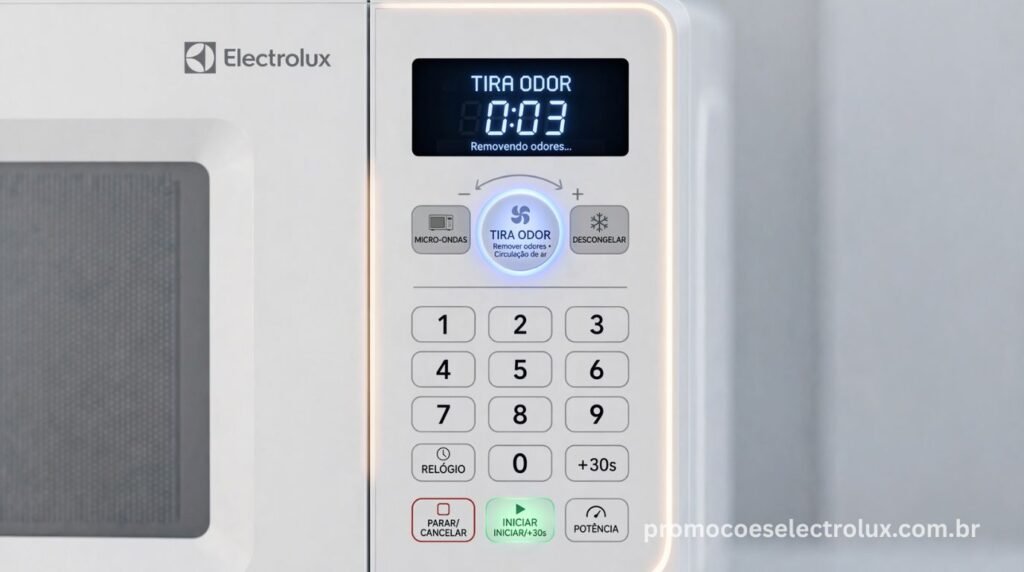 Detalhe da Função Tira Odor do Micro-ondas Electrolux MTO30 no painel de controle