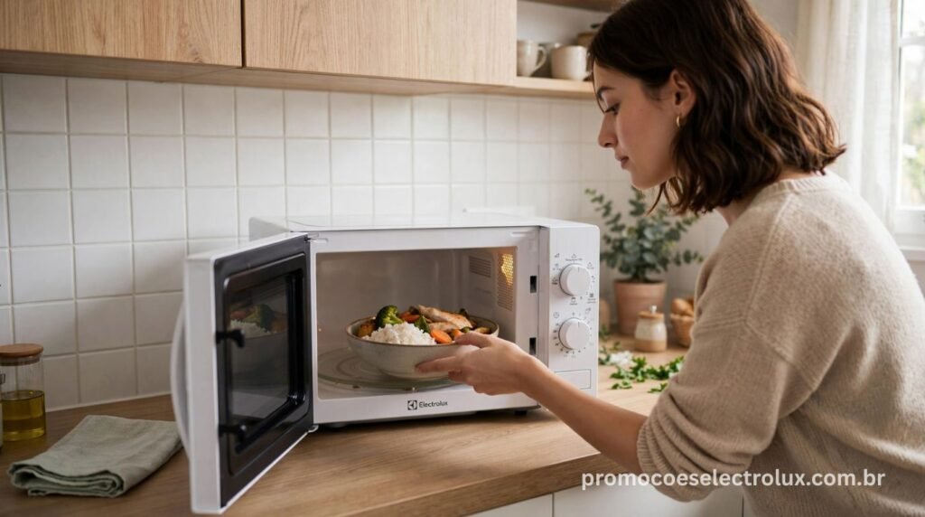 Pessoa utilizando o Micro-ondas Electrolux MTO30 em cozinha compacta para aquecer alimentos