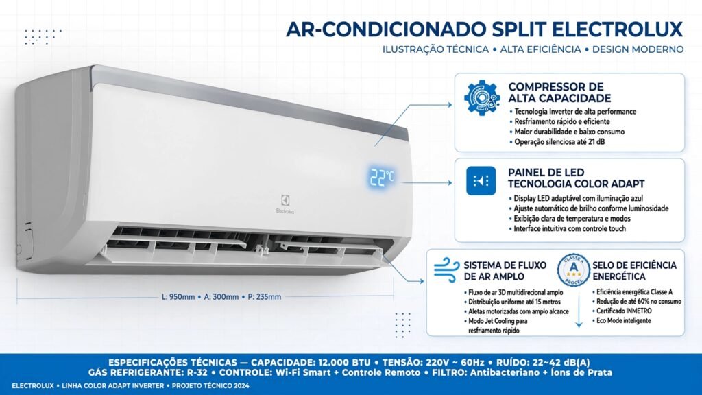 Especificações técnicas do Ar-Condicionado Electrolux Split 23.000 BTUs Color Adapt UI24F/UE24F