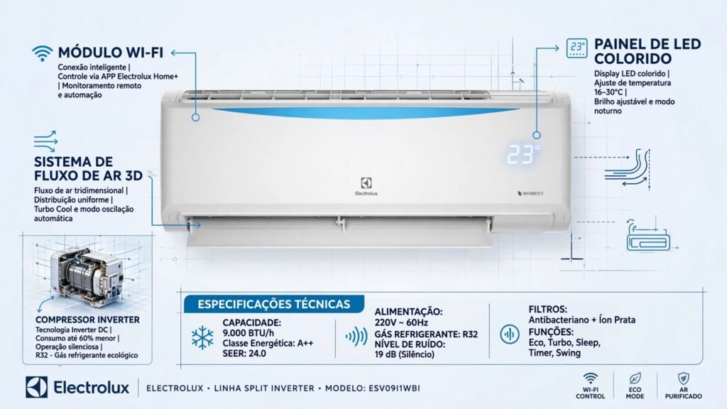 Especificações técnicas do Ar-Condicionado Electrolux Split Inverter 12.000 BTUs YI12F/YE12F