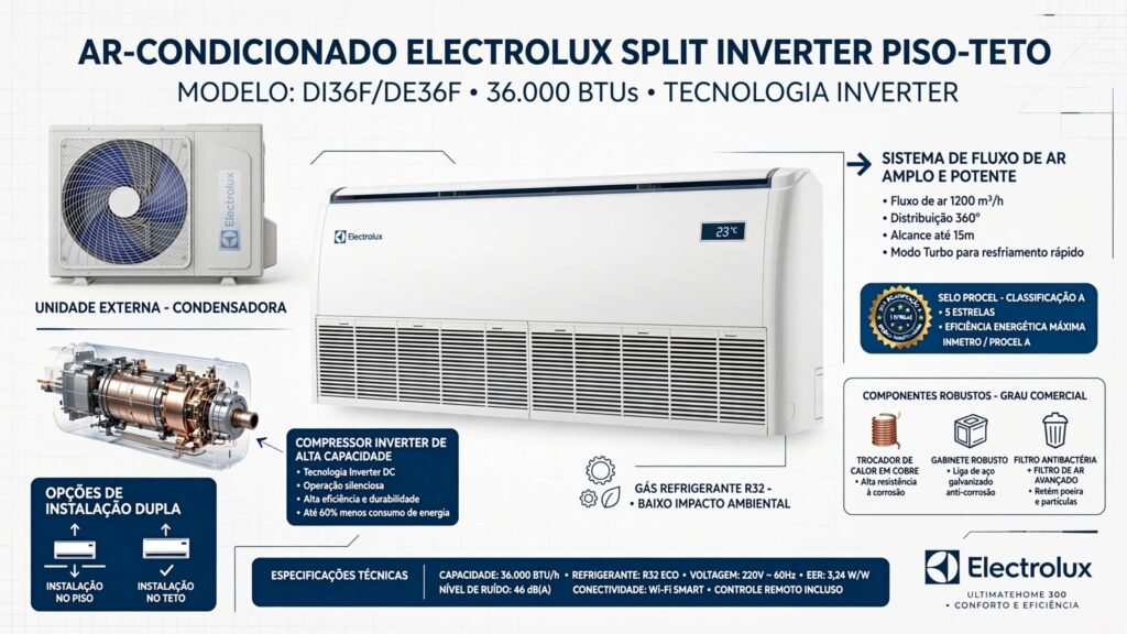 Especificações técnicas do Ar-Condicionado Electrolux Split Inverter Piso Teto 60.000 BTUs Efficient DI60F/DE60F