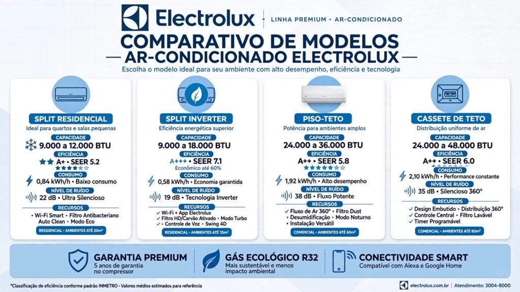 Tabela comparativa de todos os modelos de Ar-Condicionados Electrolux