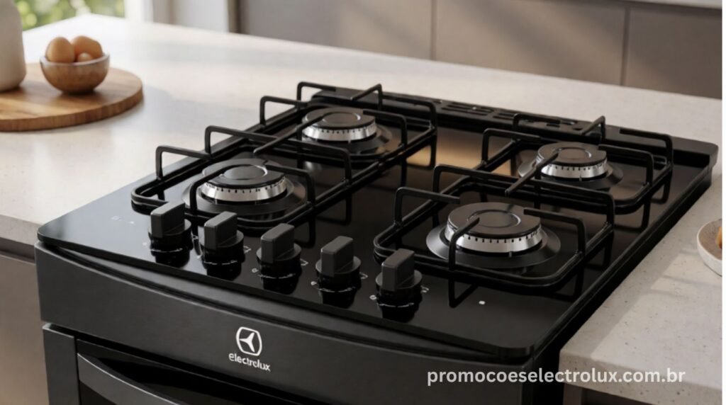 Design elegante e acabamento preto do Fogão Electrolux FE4GB Efficient com mesa de vidro