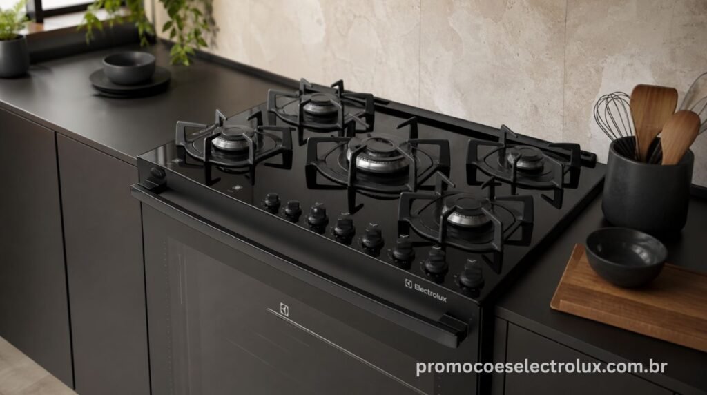 Design sofisticado e acabamento preto do Fogão Electrolux FE5GB Efficient
