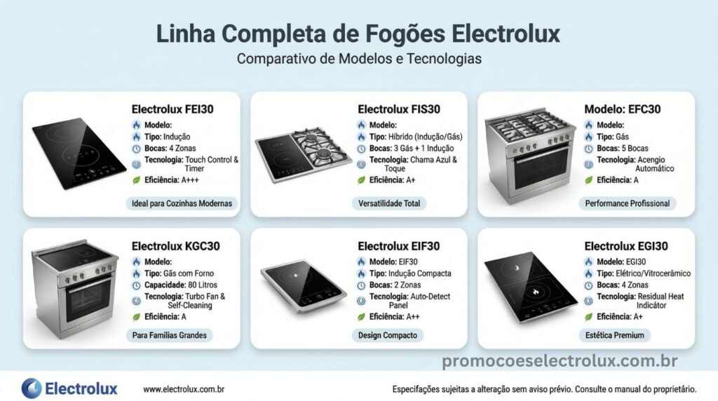 Tabela comparativa com toda a linha de fogões Electrolux e suas especificações