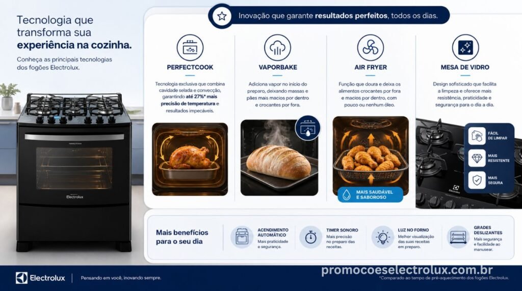 Representação das principais tecnologias dos fogões Electrolux incluindo PerfectCook VaporBake e Air Fryer