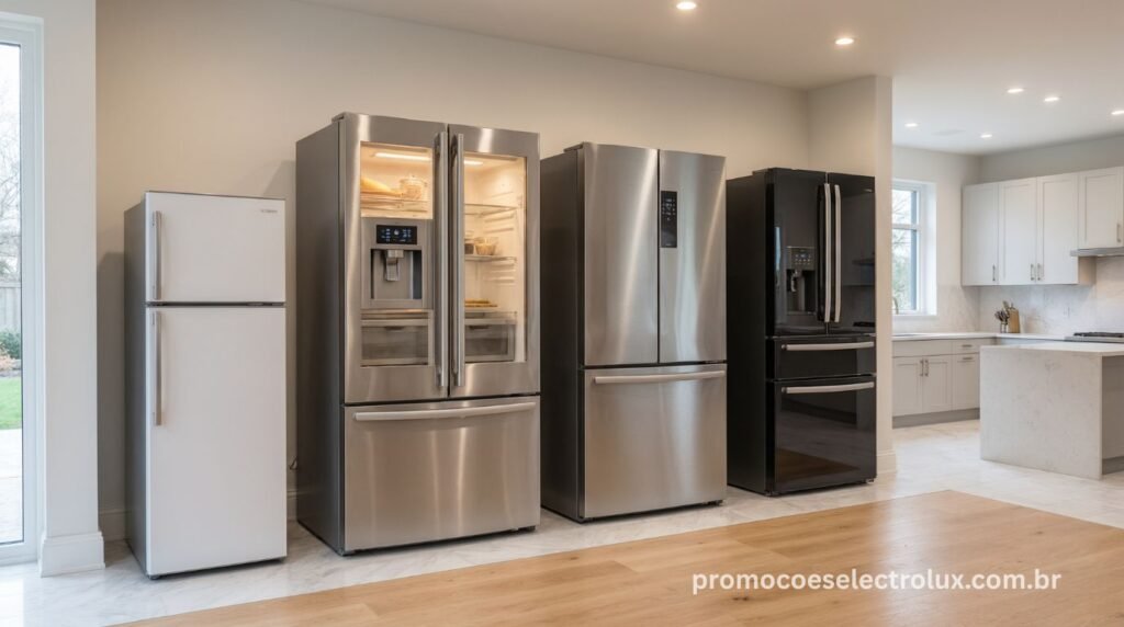 Diferentes categorias de geladeiras Electrolux incluindo Frost Free, Multidoor, Side by Side e Cycle Defrost