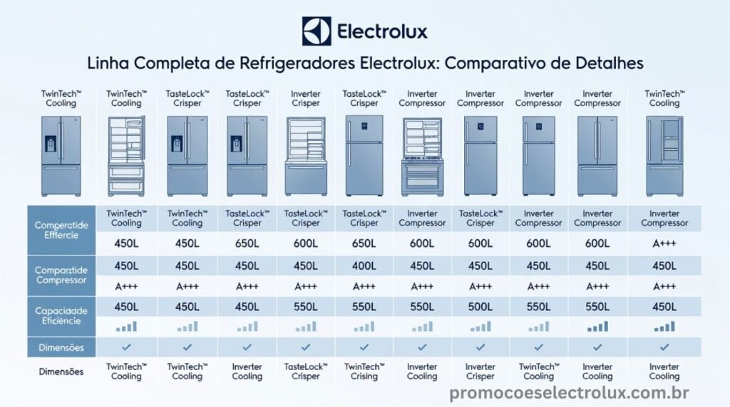 Tabela comparativa com toda a linha de geladeiras Electrolux e suas especificações
