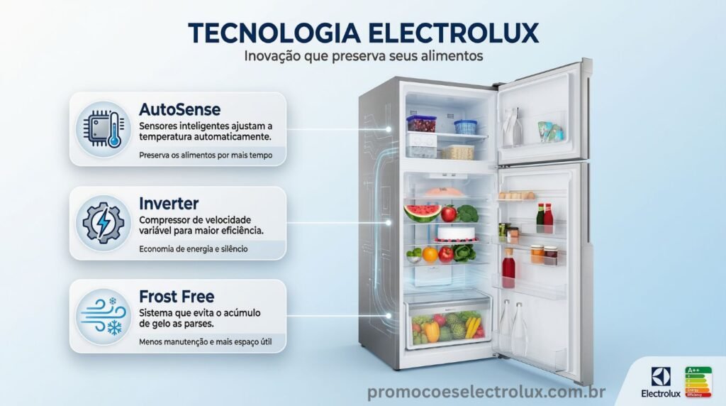 Representação das principais tecnologias das geladeiras Electrolux incluindo AutoSense, Inverter e Frost Free