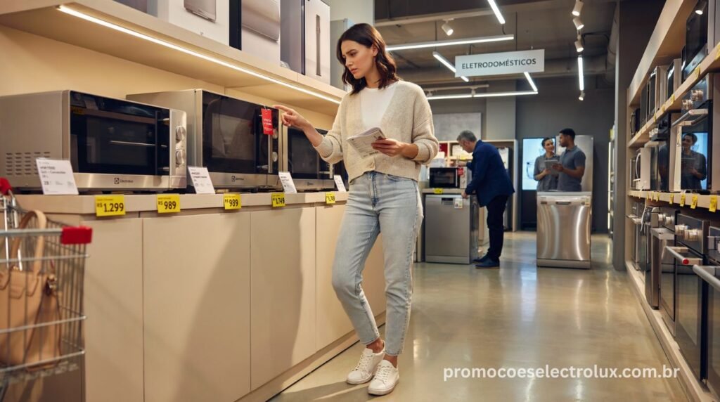 Pessoa analisando diferentes modelos de micro-ondas Electrolux em uma loja
