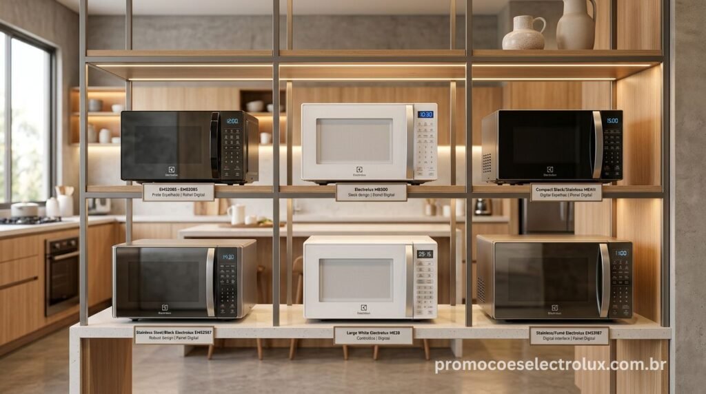 Diversos modelos de micro-ondas Electrolux dispostos em uma cozinha moderna