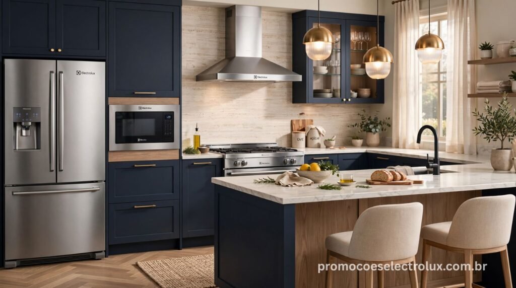 Cozinha moderna completa com diversos eletrodomésticos Electrolux em destaque