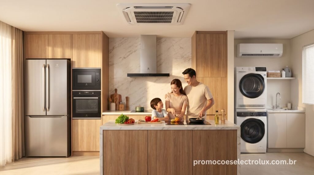 Categorias principais de eletrodomésticos Electrolux incluindo micro-ondas geladeiras fogões lavadoras e ar-condicionado