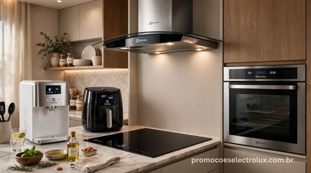 Pequenos eletrodomésticos Electrolux incluindo air fryer purificador cooktop depurador forno e coifa