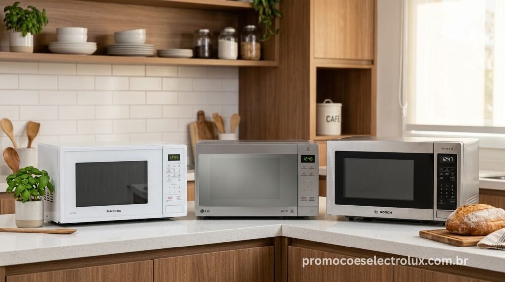 Modelos de micro-ondas de bancada Electrolux em diferentes tamanhos e acabamentos