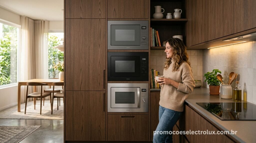 Modelos de micro-ondas de embutir Electrolux instalados em cozinhas planejadas modernas