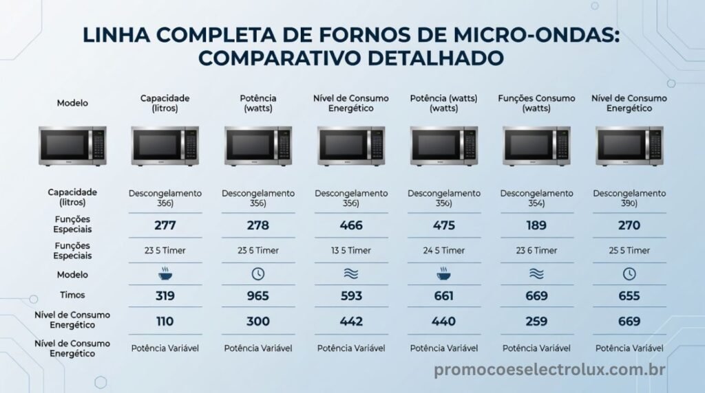 Tabela comparativa com toda a linha de micro-ondas Electrolux e suas especificações
