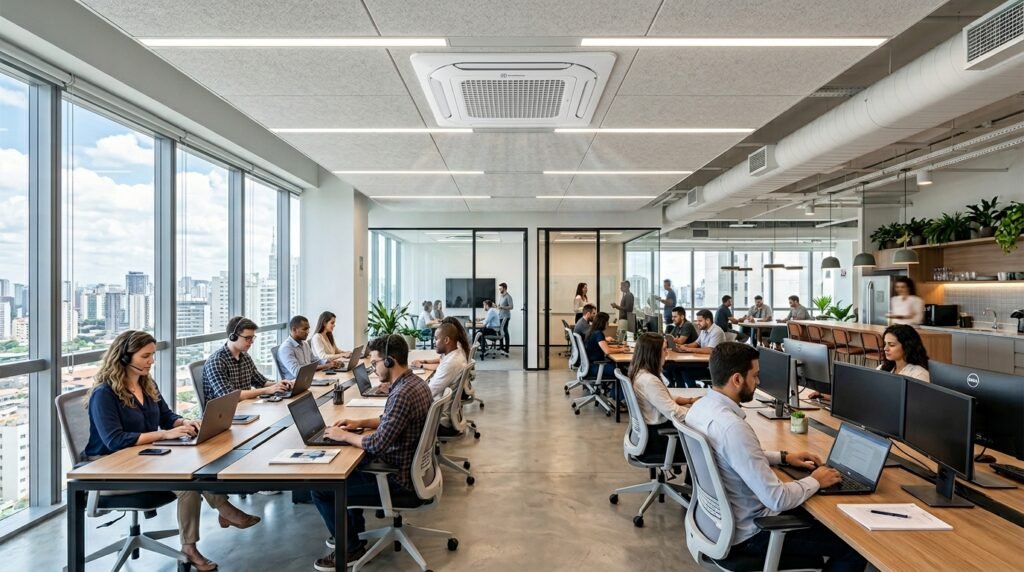 Ar-Condicionado Electrolux Cassete 8 Vias 36.000 BTUs Efficient climatizando escritório corporativo moderno