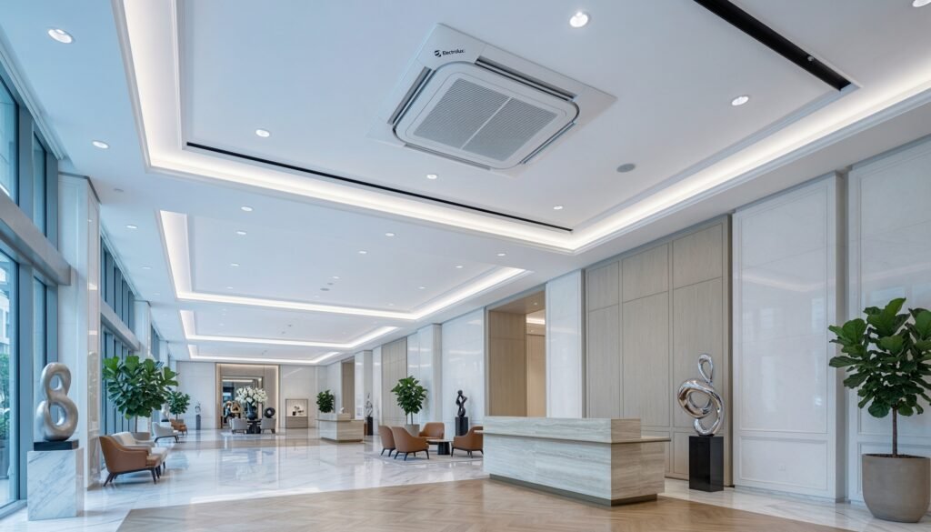 Ar-Condicionado Electrolux Cassete 8 Vias Inverter 36.000 BTUs Efficient instalado em ambiente comercial amplo