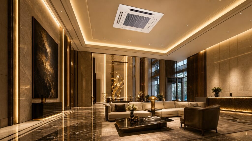 Ar-Condicionado Electrolux Cassete 8 Vias Twin Inverter 48.000 BTUs Efficient instalado em espaço comercial premium de grande porte