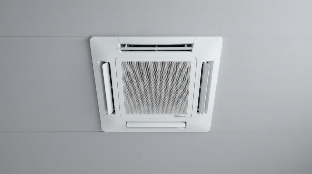 Vista frontal do Ar-Condicionado Electrolux Cassete 8 Vias Inverter 36.000 BTUs Efficient KI36F instalado no teto