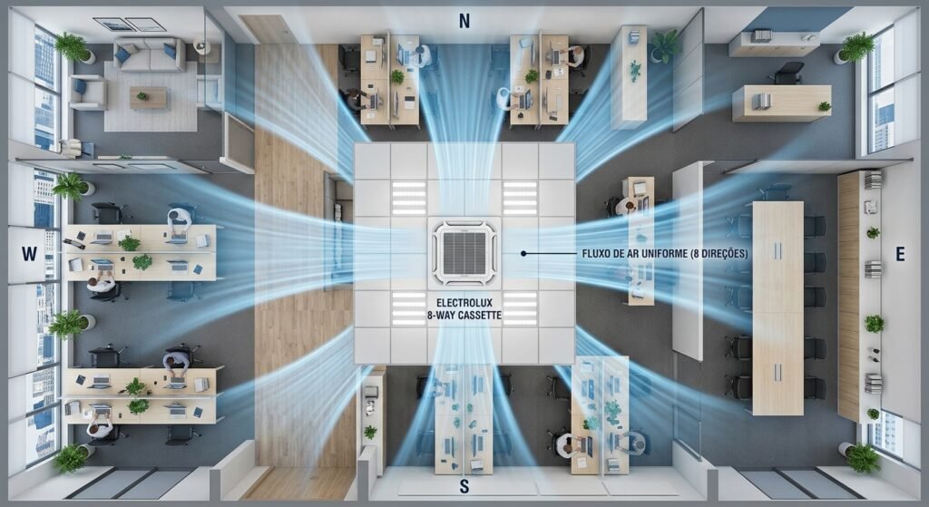 Distribuição de ar em 8 vias do Ar-Condicionado Electrolux Cassete 36.000 BTUs KI36F cobrindo todo o ambiente