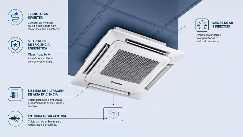 Especificações técnicas do Ar-Condicionado Electrolux Cassete 8 Vias Inverter 36.000 BTUs Efficient KI36F/KE36F