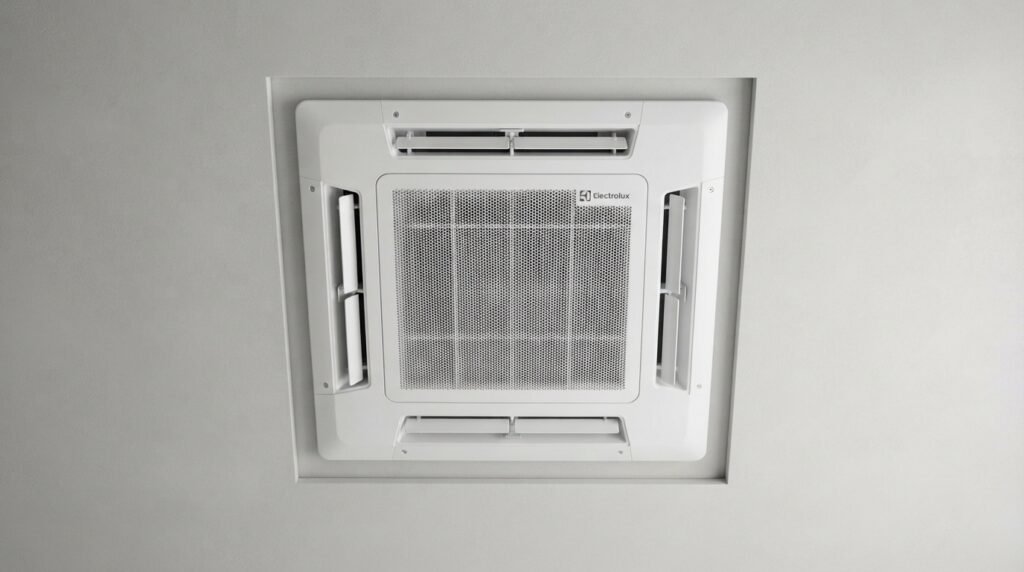 Vista frontal do Ar-Condicionado Electrolux Cassete 8 Vias Twin Inverter 48.000 BTUs Efficient KI48F instalado no teto