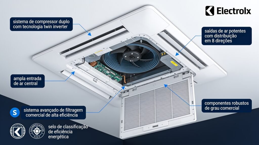 Especificações técnicas do Ar-Condicionado Electrolux Cassete 8 Vias Twin Inverter 48.000 BTUs Efficient KI48F/KE48F