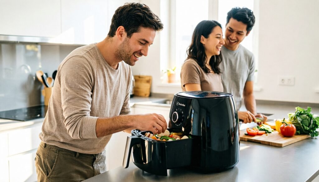 Casal utilizando a Fritadeira Electrolux Air Fryer 4 Litros EAF30 no apartamento no dia a dia