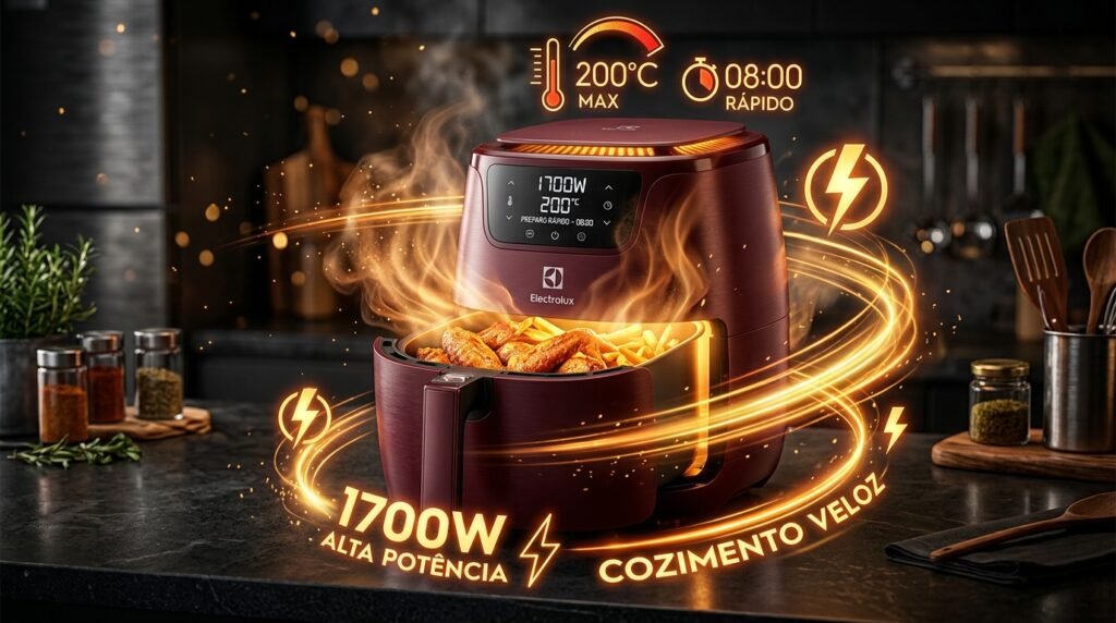 Alta potência de 1700W da Fritadeira Elétrica Electrolux Air Fryer 5L EAF51 para preparo rápido e eficiente