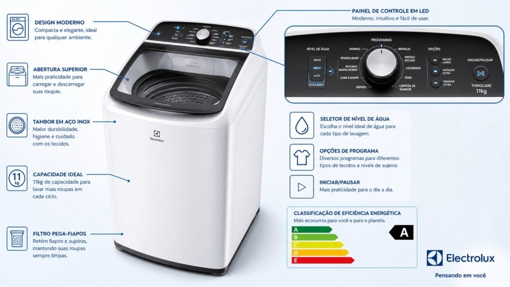 Especificações técnicas da Máquina de Lavar Electrolux 9kg Efficient Care 220v LED09