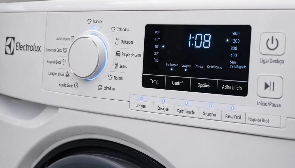 Painel LED da Máquina de Lavar Electrolux 9kg Efficient Care LED09 com programas de lavagem