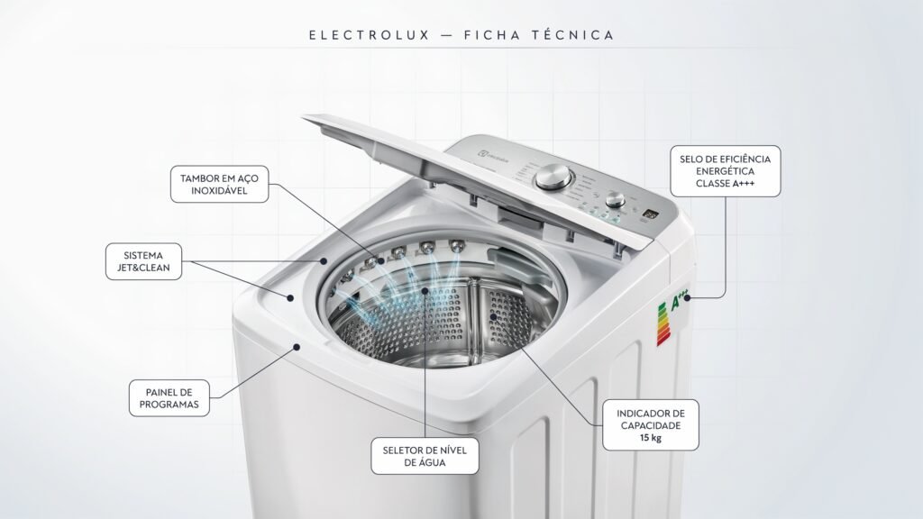 Especificações técnicas da Máquina de Lavar Electrolux 13kg Essential Care Cesto Inox Jet&Clean LED13