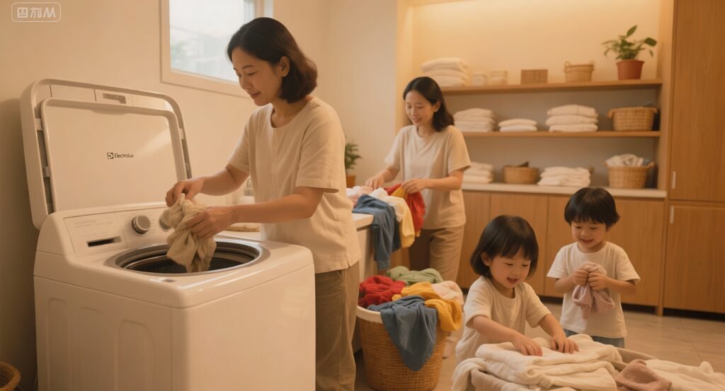 Máquina de Lavar Electrolux 13kg Essential Care LED13 sendo utilizada por família de 3 a 4 pessoas