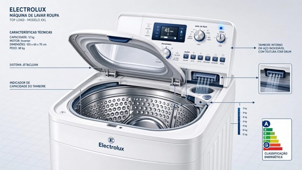 Especificações técnicas da Máquina de Lavar Electrolux 15kg Essential Care Cesto Inox Jet&Clean LED15