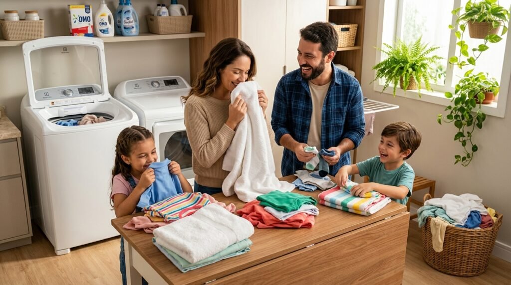 Família satisfeita com roupas limpas e bem cuidadas após lavagem na Máquina de Lavar Electrolux 15kg Essential Care LED15