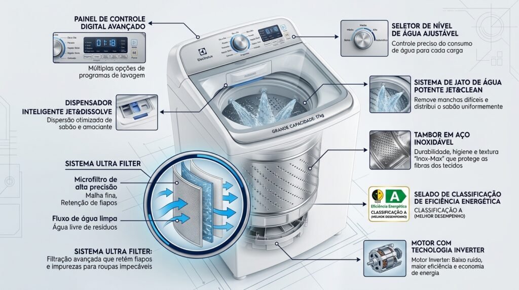 Especificações técnicas da Máquina de Lavar Electrolux 17kg Essential Care Cesto Inox Jet&Clean Ultra Filter LED17