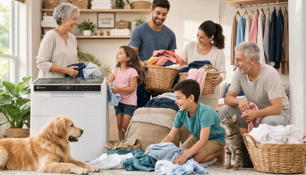 Máquina de Lavar Electrolux 17kg Essential Care LED17 sendo utilizada por grande família com animais de estimação