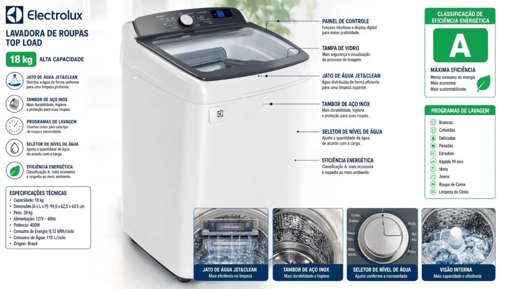 Especificações técnicas da Máquina de Lavar Electrolux 14,5kg Efficient Cesto Inox Jet&Clean 220v LEE15