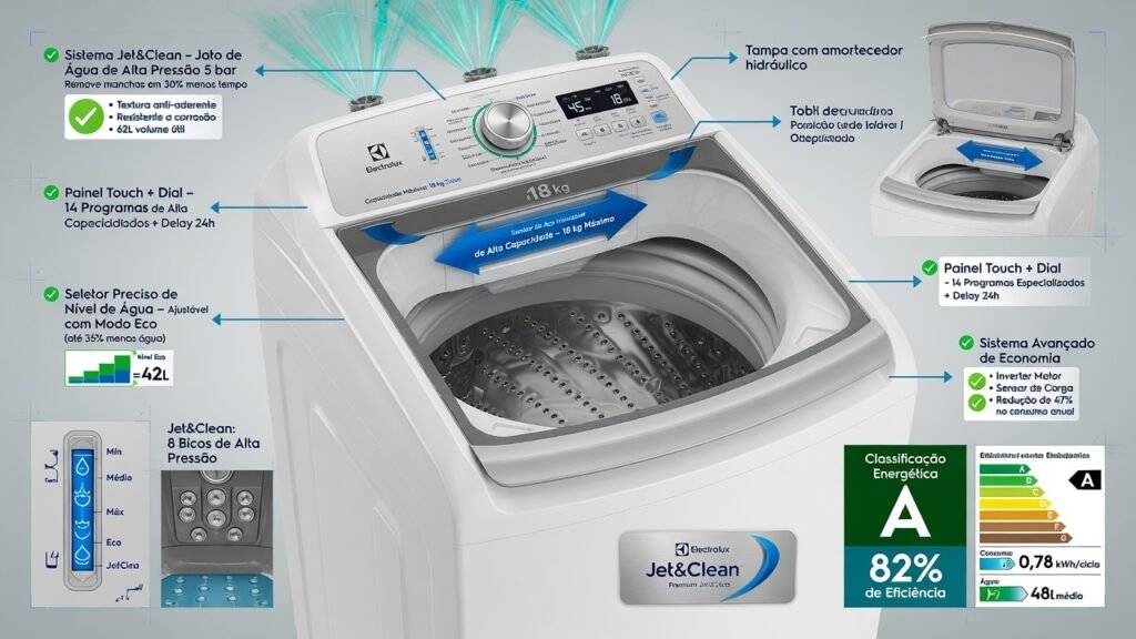 Especificações técnicas da Máquina de Lavar Electrolux 18kg Efficient Cesto Inox Jet&Clean LEE18