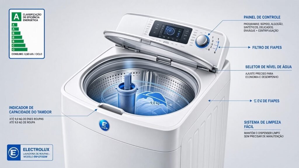 Especificações técnicas da Máquina de Lavar Electrolux 11kg Essential Care Easy Clean Filtro Fiapos LES11